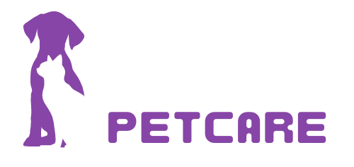 Logo Pet care. Há uma silhueta de cachorro em roxo, a sua frente há uma silhueta de um gata em branco